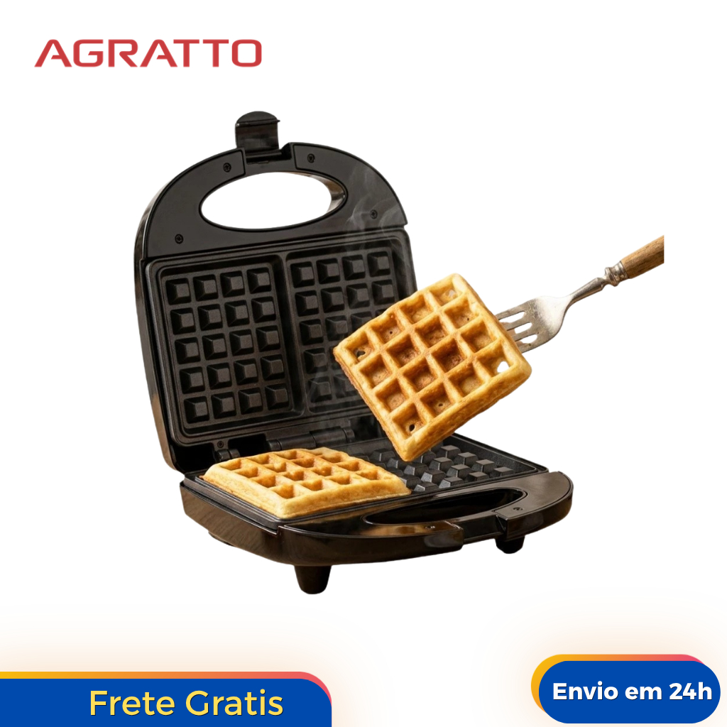 Máquina de Waffle Antiaderente Aroma Grill Elétrica Agratto 127/220V Crepe Panqueca