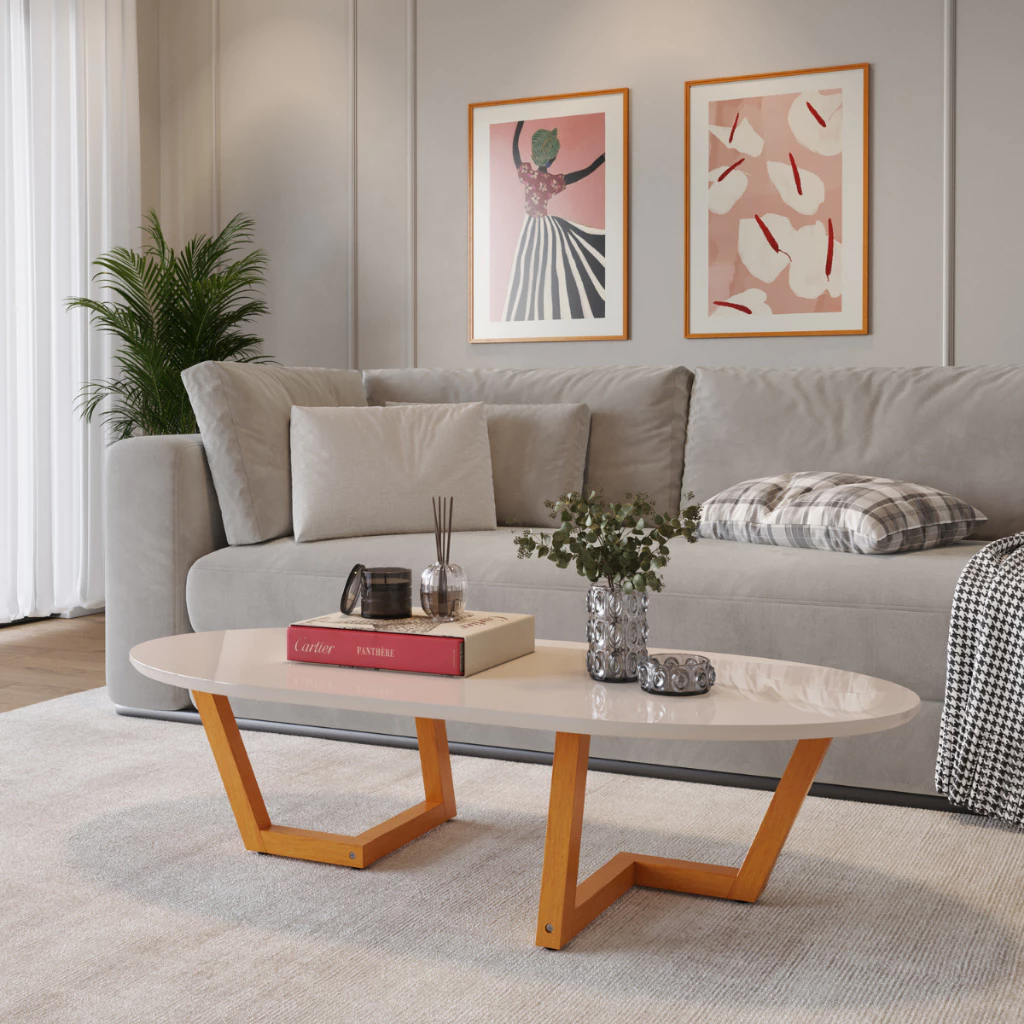Mesinha De Centro Sala de Estar Moriá Oval Pés De Madeira Maciça Decoração Moderna — imagem 1