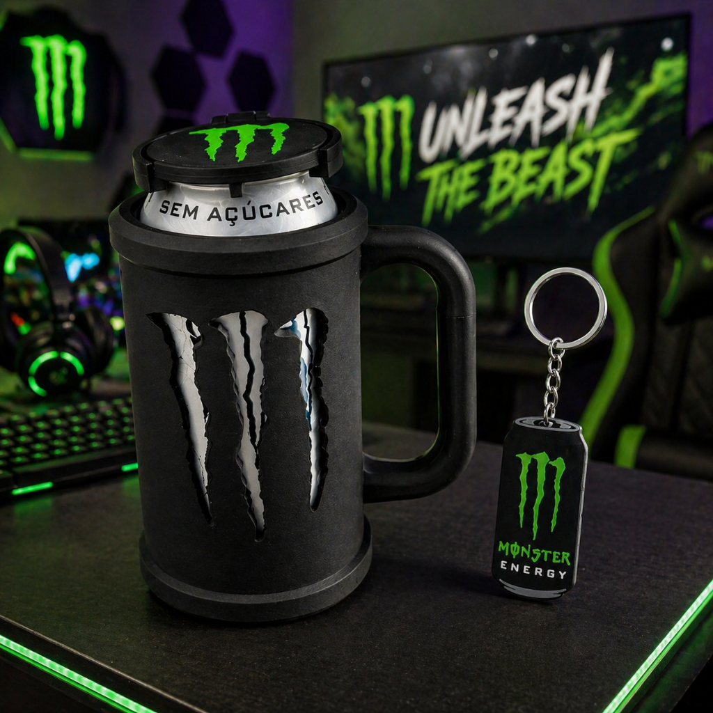 Kit Estilo Monster Energy Porta Lata 473 ml + Brindes Tampa e Chaveiro Abridor