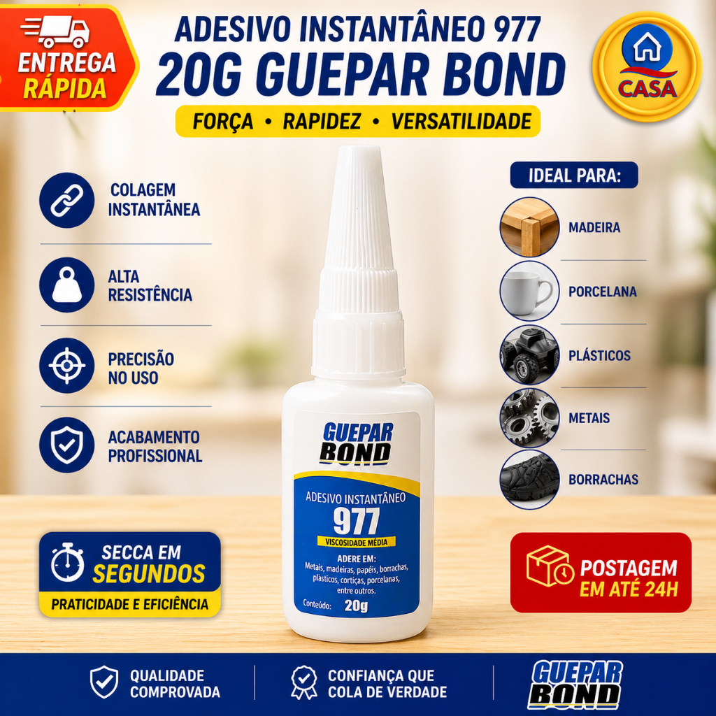 Cola Adesiva Instantânea Guepar Bond 977 20g – Super Forte Secagem Rápida Multiuso Profissional