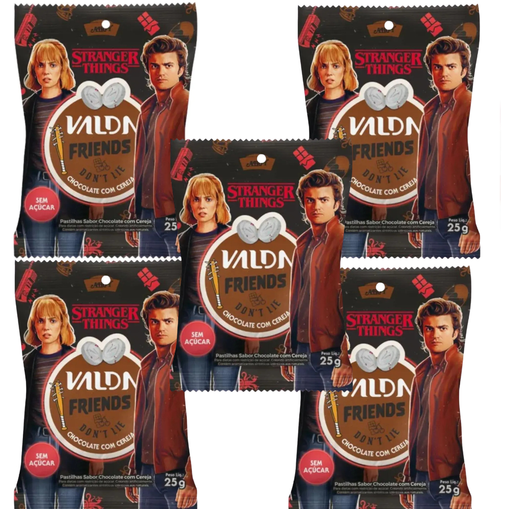 Kit C/5 Pastilhas Valda Stranger Things Friends Sachê Sabor Chocolate com Cereja 25g