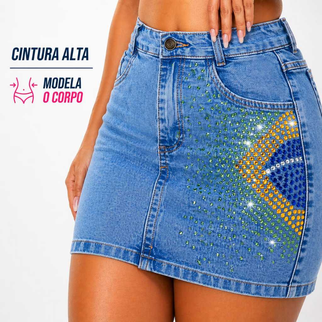 Saia Jeans Feminina Com Brilho Strass Brasil Estilosa Cintura Alta