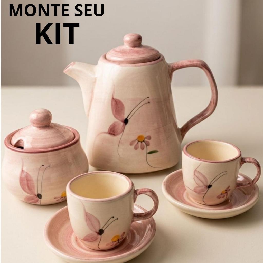 Monte Seu Jogo de Xícara Café Completo Cerâmica Rosa Floral  Bule  Açucareiro Xícaras com Pires Jogo Elegante