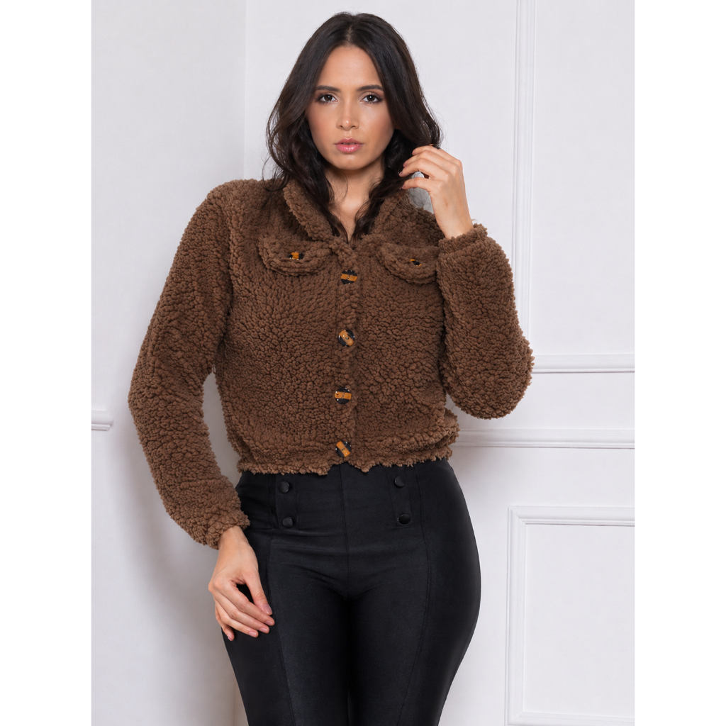 Casaco Teddy Curto Cropped Pelinho Jaqueta Blusa de Frio Feminina Felpudo Ted Tedy Casaquinho