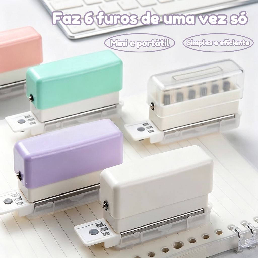 Furador 6 Furos Manual para Papel A4/B5/A5,Mini,Portátil,Ideal para Cadernos de Argola e Organização