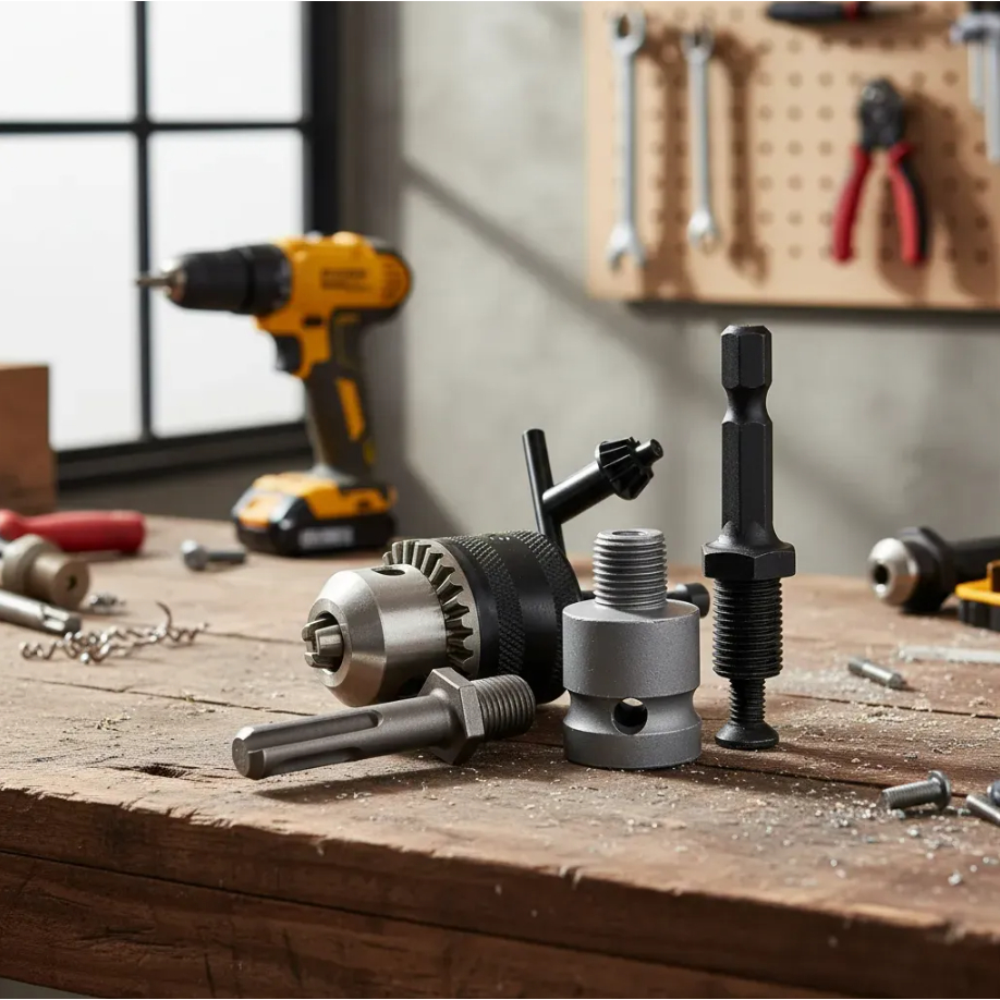 Kit Mandril Rosca 1/2" + 3 Haste Soquete Adaptador Furadeira