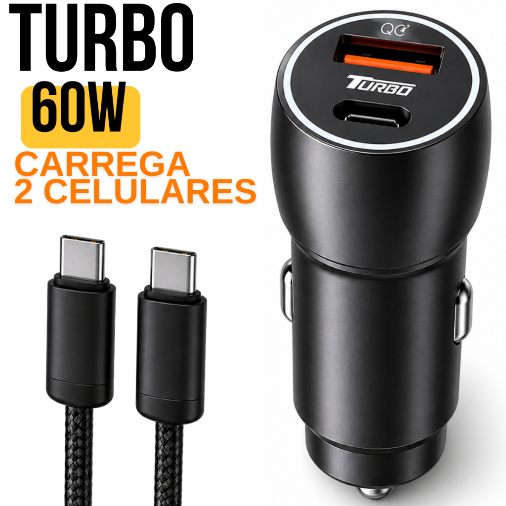 Kit Carregador Veicular Turbo 60W PD + USB-C Com Cabo Tipo-C  Compatível Com Android e iPhone
