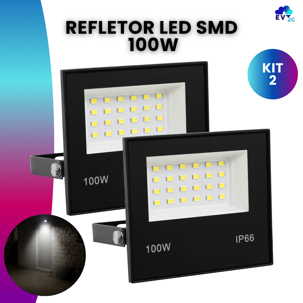Kit 2 Refletor Led 100w Holofote Bivolt Prova D'água Branco Frio Luz Intensa Forte Quintal