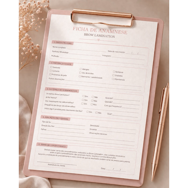 Ficha Anamnese Avaliação Vários modelos A4 - Blocagem - Estetica micropigmentação Brown Lamination Harmonização Botox