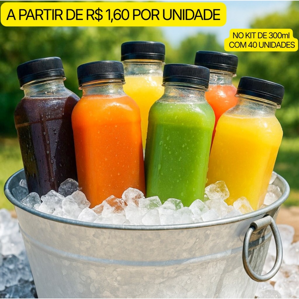 Kit Garrafas PET 200ml/300ml com Tampa Lacre Preta | Sucos e Bebidas