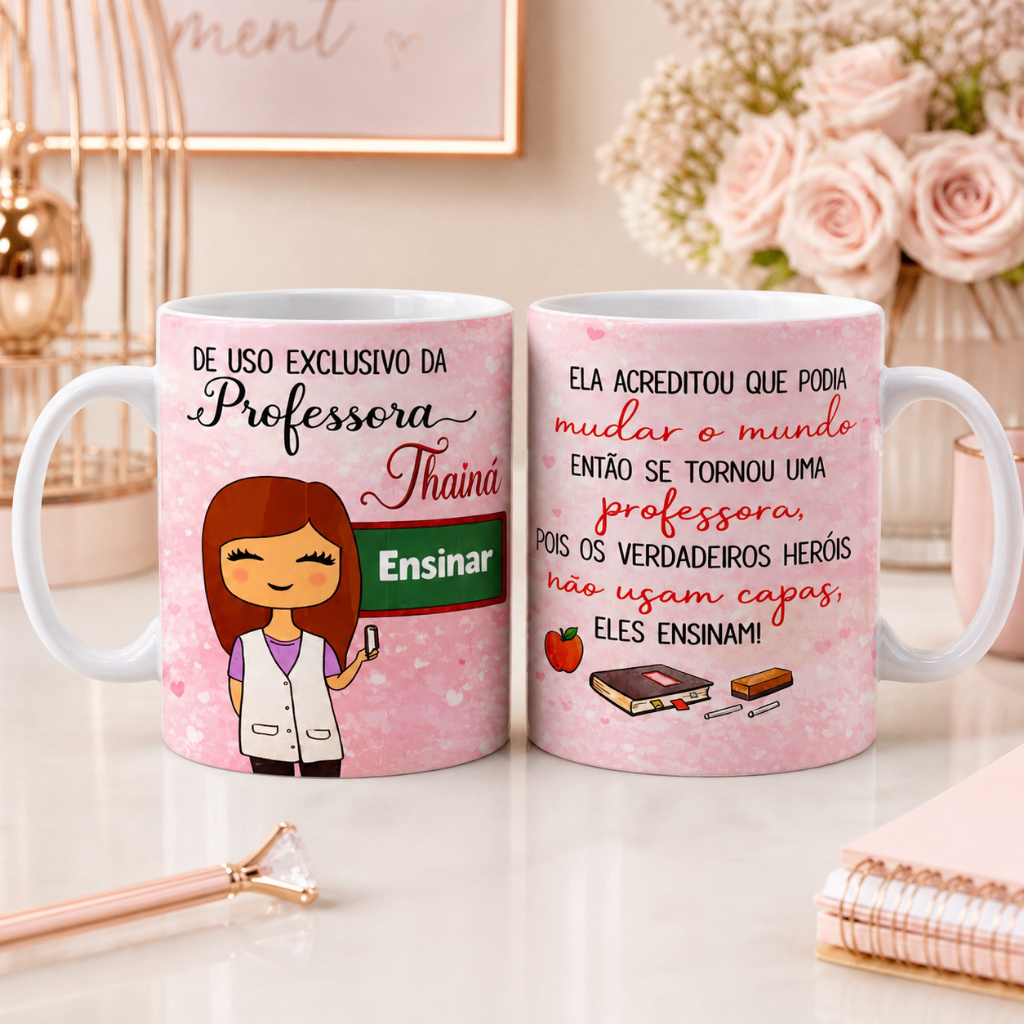 🌸 Caneca Personalizada Professora+ NOME/Caneca com Alça Branca,Rosa e Vermelha Envio Rápido