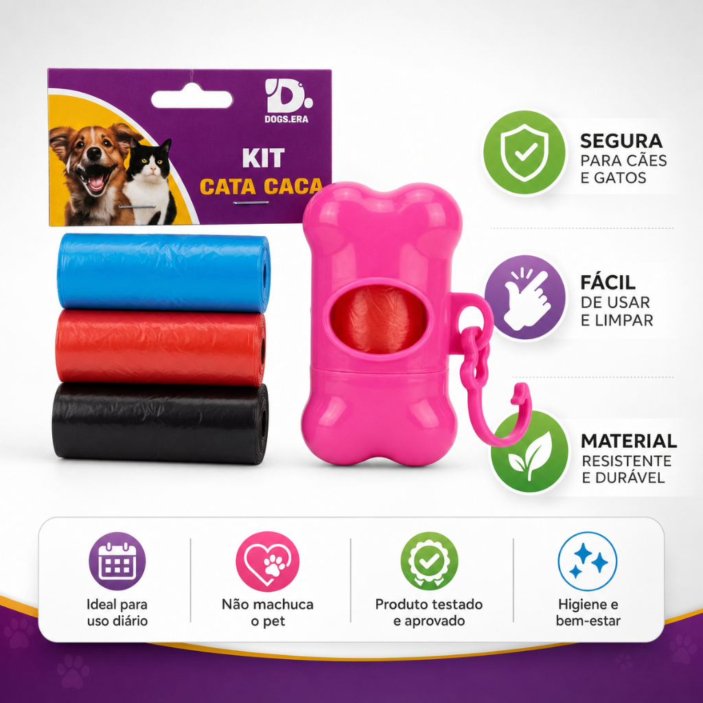 Kit Porta-Refil Cata Caca Ossinho com 1 refil + 3 refis extras total 60 sacolas plásticas