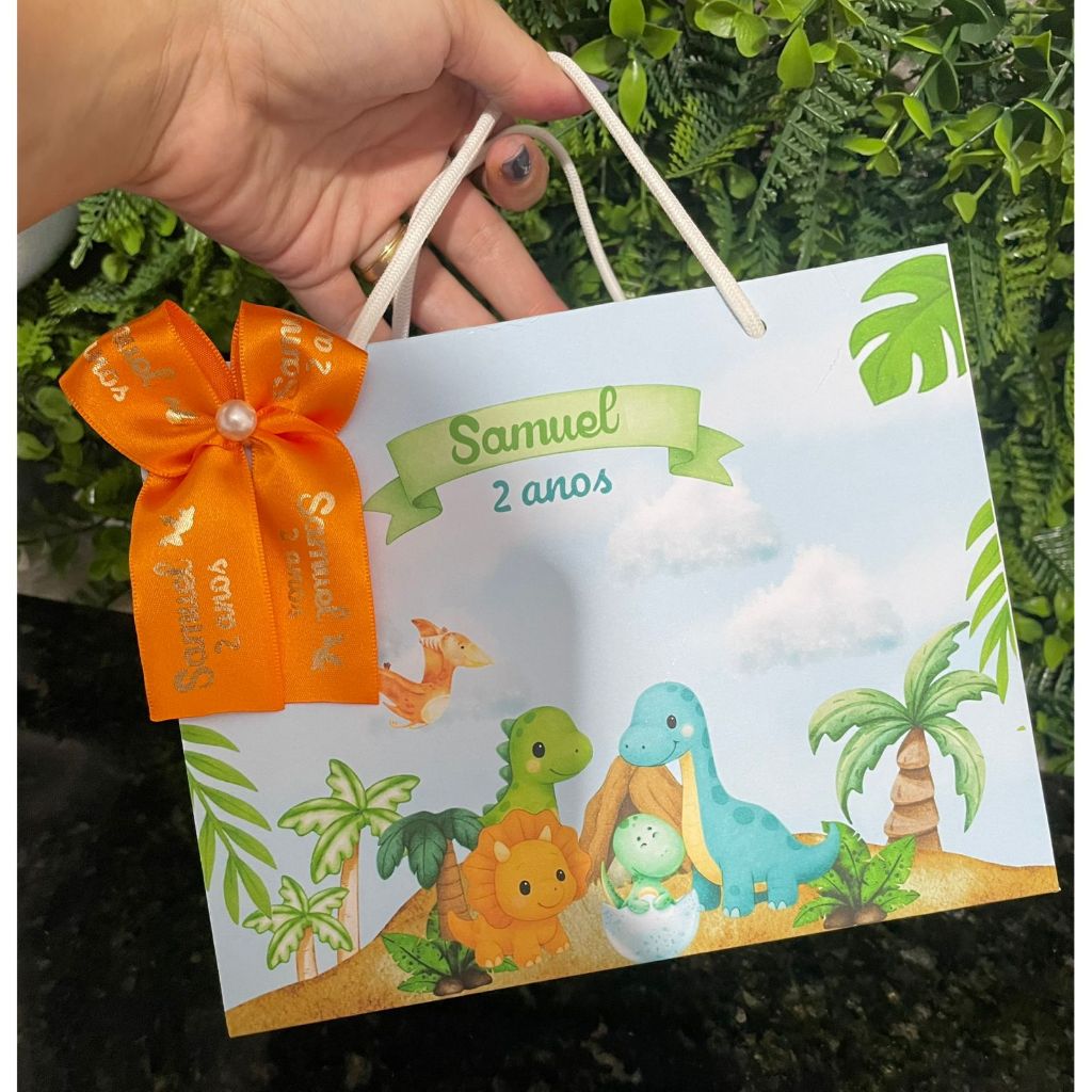 Sacolinha Surpresa Personalizada Dinossauro Baby com Laço | Lembrancinhas | Festa Aniversário | Lancheirinha