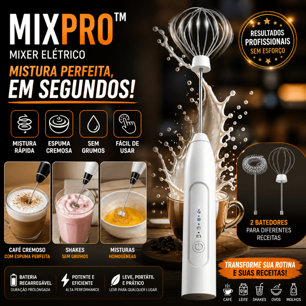 Mixer Elétrico Portátil MixPro™ para Café, Shake, Leite e Bebidas Cremosas com Mistura Rápida, Espuma Perfeita