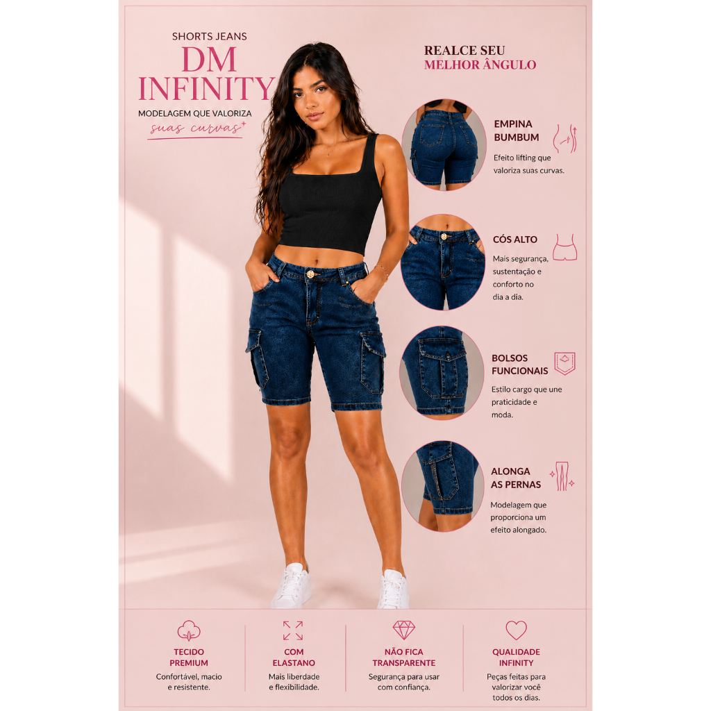 Bermuda Jeans Cargo Feminina Premium com Lycra – Caimento Impecável Bolsos Funcionais