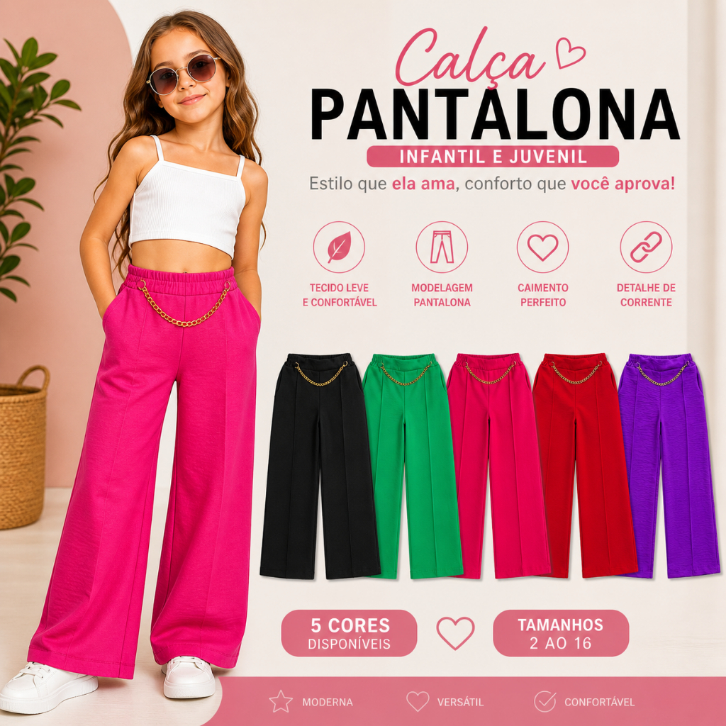 Calça Pantalona Infantil Juvenil Menina Cintura Alta Confortável Moda 2 ao 16