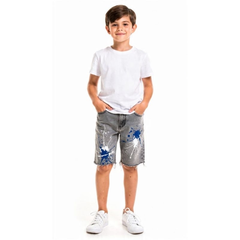 Shorts Jeans Infantil Menino 8-16 Anos Destroyed Paint Splatter Com Cadarço Bermuda Moda Verão