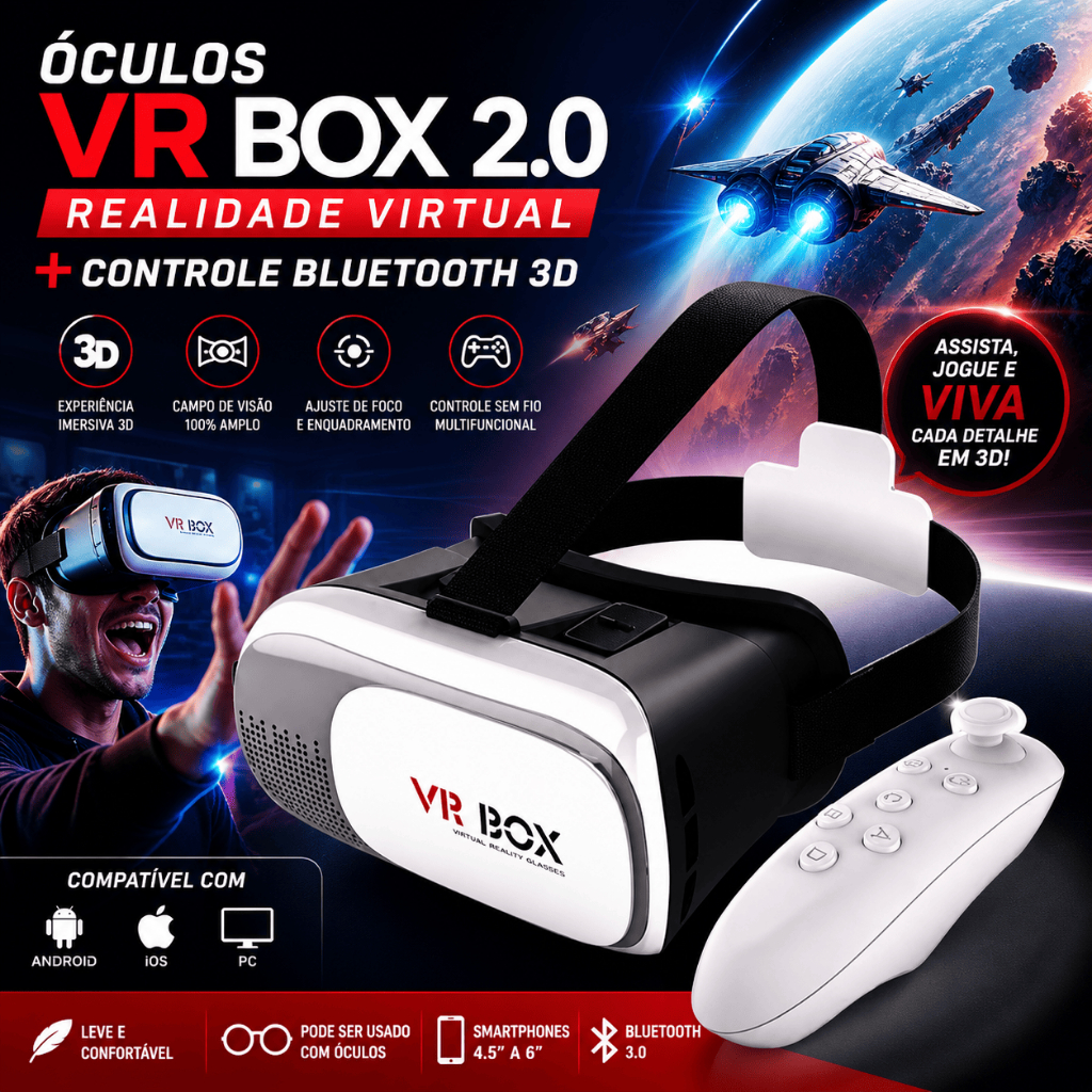 Óculos Realidade Virtual VR Box 2.0 Com Controle Cardboard Bluetooth 3D