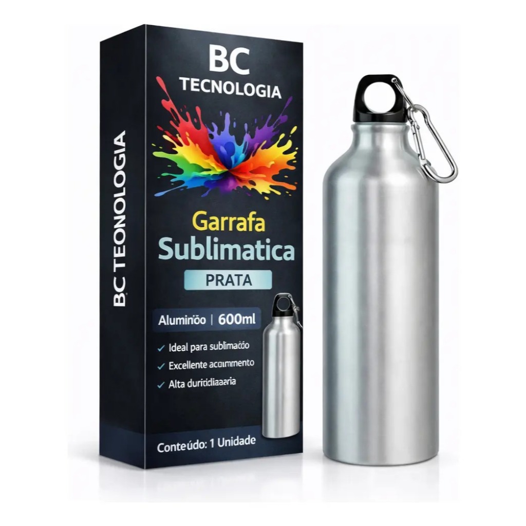 Garrafa de Alumínio Prata com Tampa Mosquetão para Sublimação Garrafinha Squeezer 600ml Orca