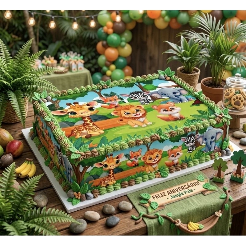 Papel de arroz comestível safari com faixa lateral bolo comestível festa selva bichos