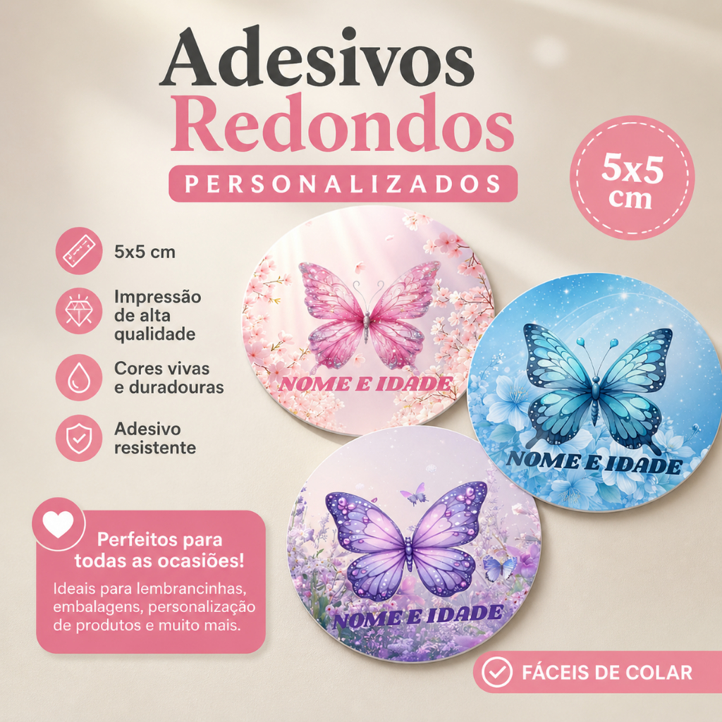 40 Adesivos Personalizados Redondo 5 cm Tema Borboletas Com Nome e Idade (Opcional) - Lembrancinha Festa