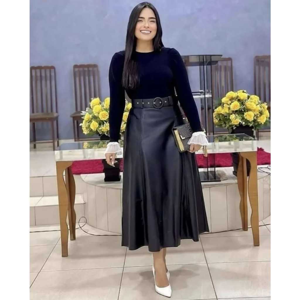 Saia Midi Femenina Couru Longa Gode Outono Cintura Alta Moda Evangelica