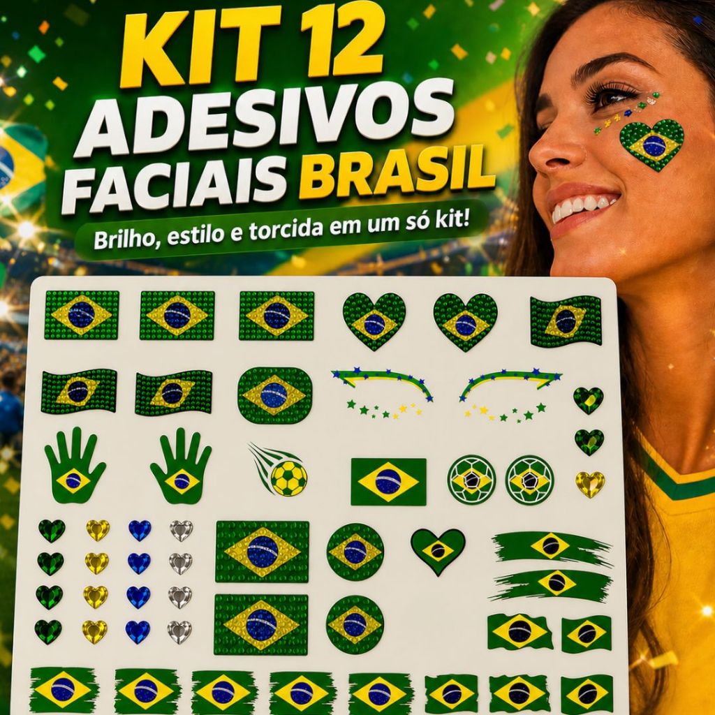 12 Adesivos Strass Tatoo Maquiagem Rosto Jogos Copa do Mundo Brasil Bandeira Futebol  Adesivo De Pedrinhas Brilhantes