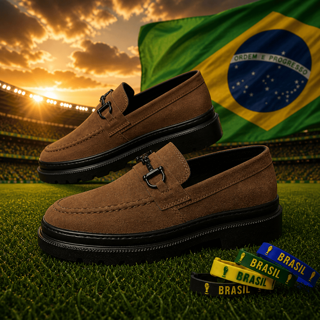 Sapato Social Mocassim Casual Masculino Em Camurça Solado Leve + Pulseira Sílicone Copa do Mundo