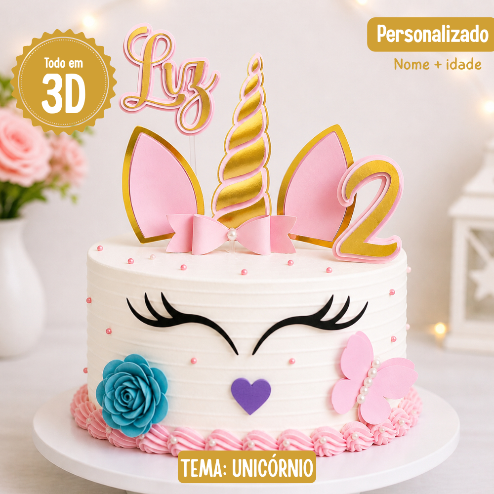 Topo de Bolo Unicórnio Personalizado com Nome e Idade 3D – Topper Unicórnio Rosa e Dourado | Festa Infantil