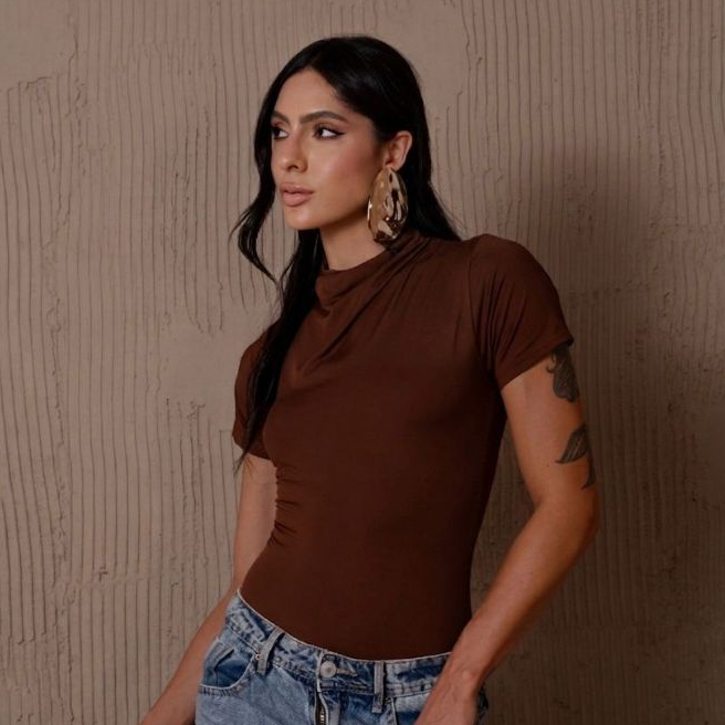 Body Feminino Manga Curta Franzido Sem Detalhe Suplex Casual Confortável Trabalho Chique Elegante