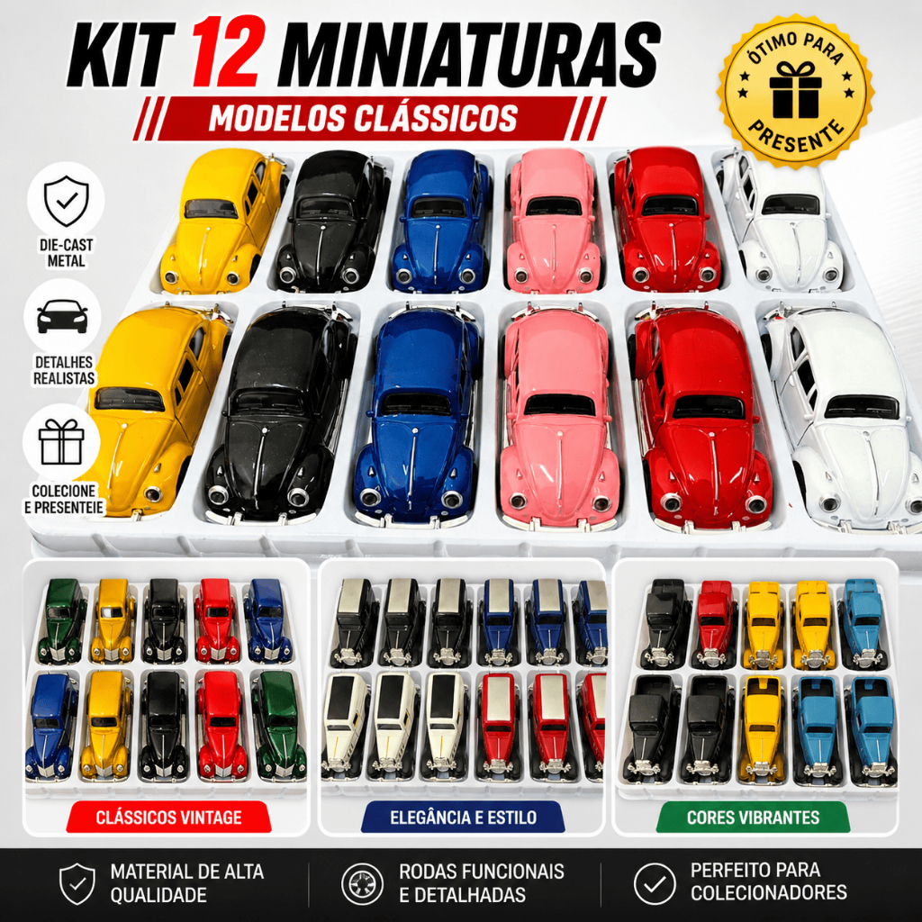 Kit 12 Miniaturas Carros Antigos Metal Die-Cast Fricção Clássicos Coleção Presente