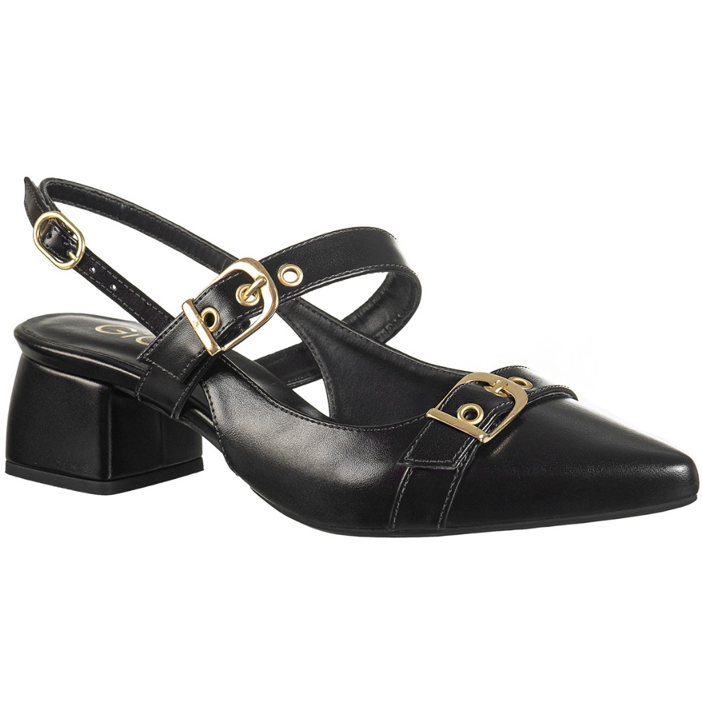 Scarpin Feminino Slingback Salto Bloco Bico Fino Tira Fivelas Enfeite Dourado Flávia GiGiL
