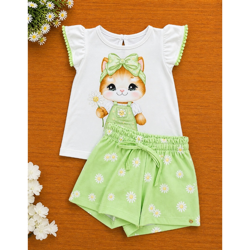 Conjunto Infantil Fofo Gatinha Bebê Menina Verde Bata e Shorts 87162