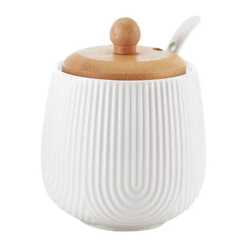 Açucareiro Cerâmica 360ml com Colher e Tampa de Bambu | Pote de Açúcar Cozinha Mesa Posta