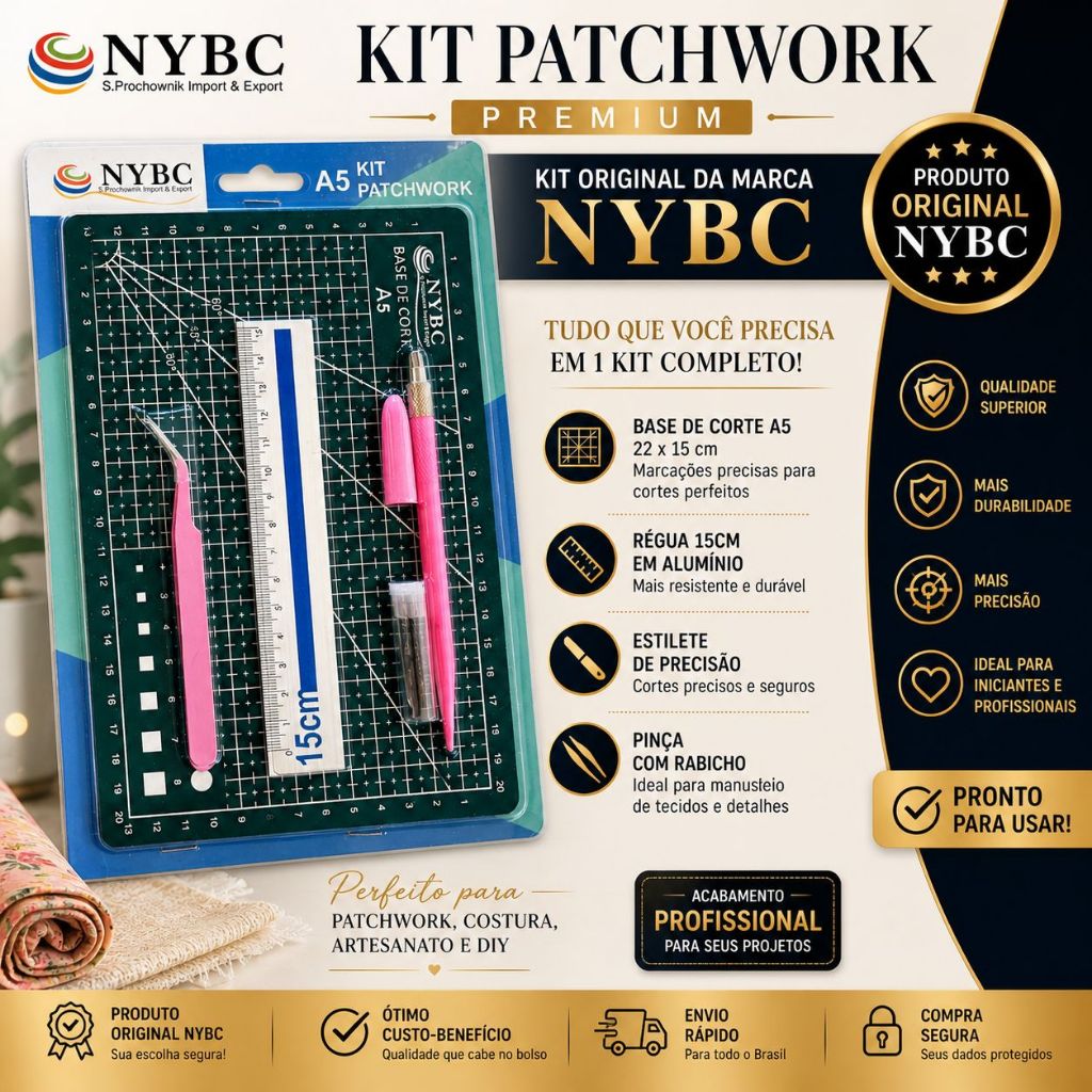 Kit Patchwork Profissional A5 Base Corte 22x15 + Régua Alumínio + Estilete Precisão + Pinça Alta Qualidade ORIGINAL NYBC