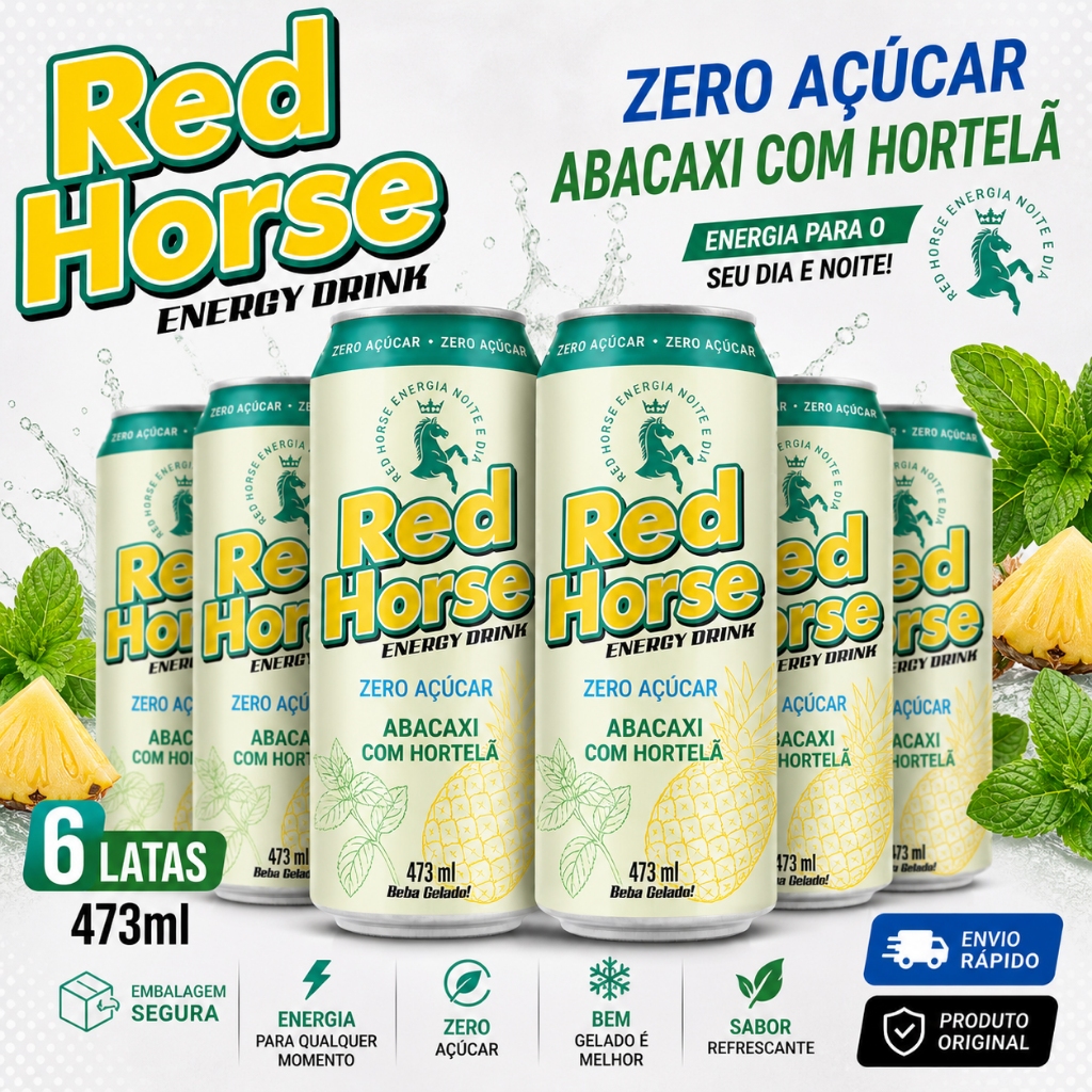 Red Horse Zero Açúcar Abacaxi com Hortelã 473ml Pack 6 12 24 Latas Energético Original