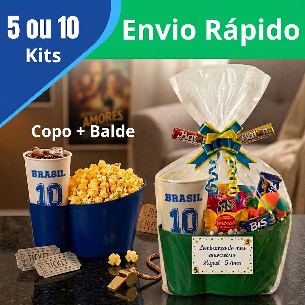 Kit 5 ou 10 Balde de Pipoca + Copo Brinde Copa do Mundo Jogos Futebol Filme Cinema Baldinho