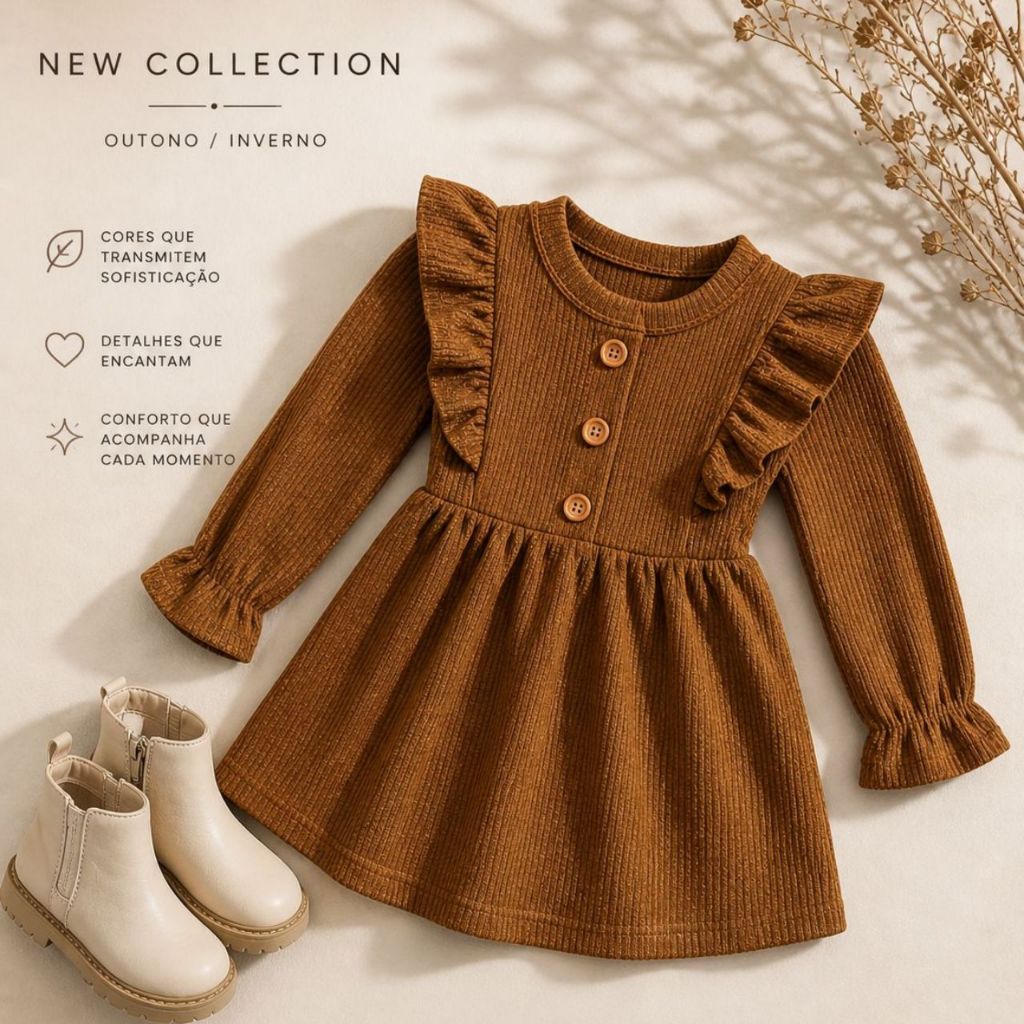 Vestido Infantil Manga Longa Canelado Luxo  Vestido Menina Inverno Babado Premium Elegante Festa Roupa Infantil Menina