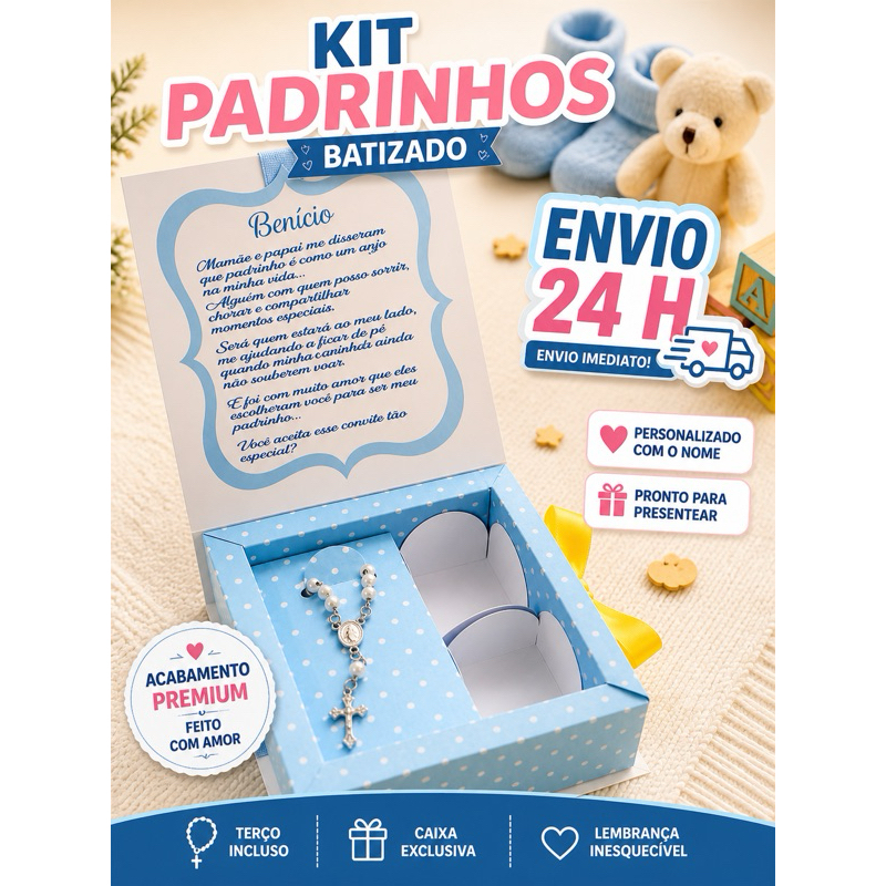 Caixa convite para padrinho de batizado com mini terço – 1 unidade