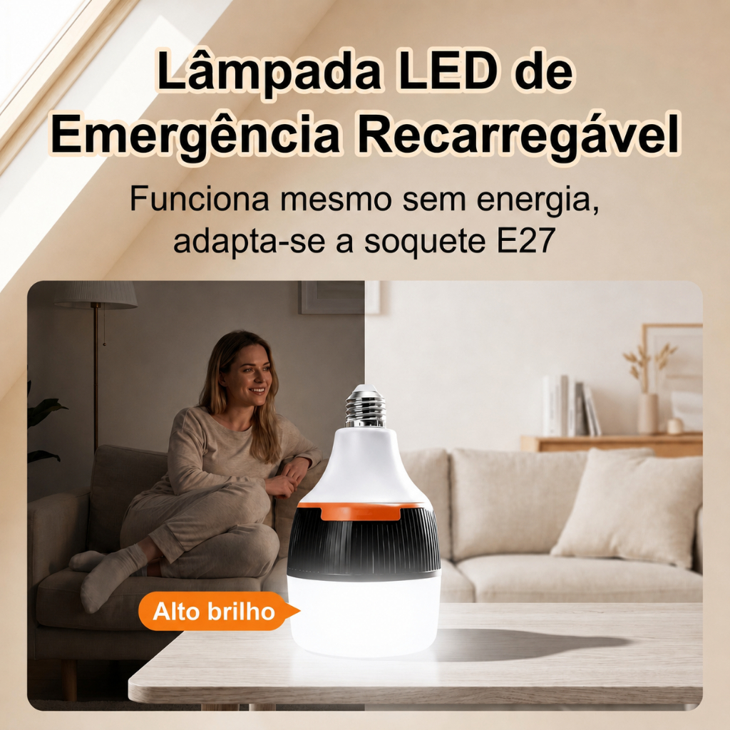 Lâmpada Recarregável Emergência LED 50W E27 2 modos 6h Queda de Energia Camping