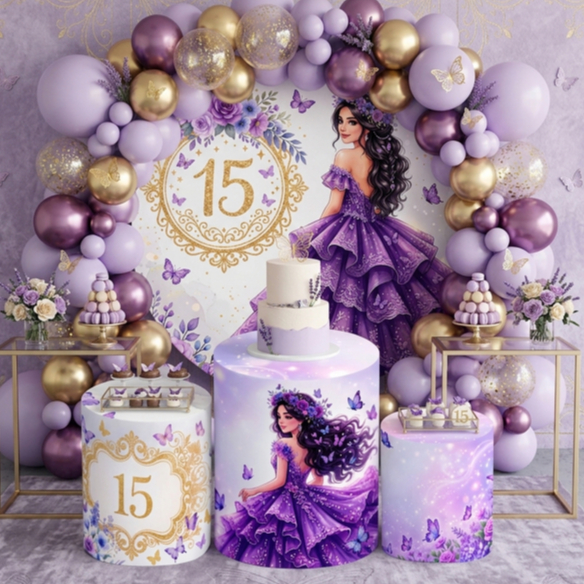Kit Capas Painel  + Cilindros Festa Debutante Decoração Luxo Aniversário 15 Anos Lançamento Bibi Painéis