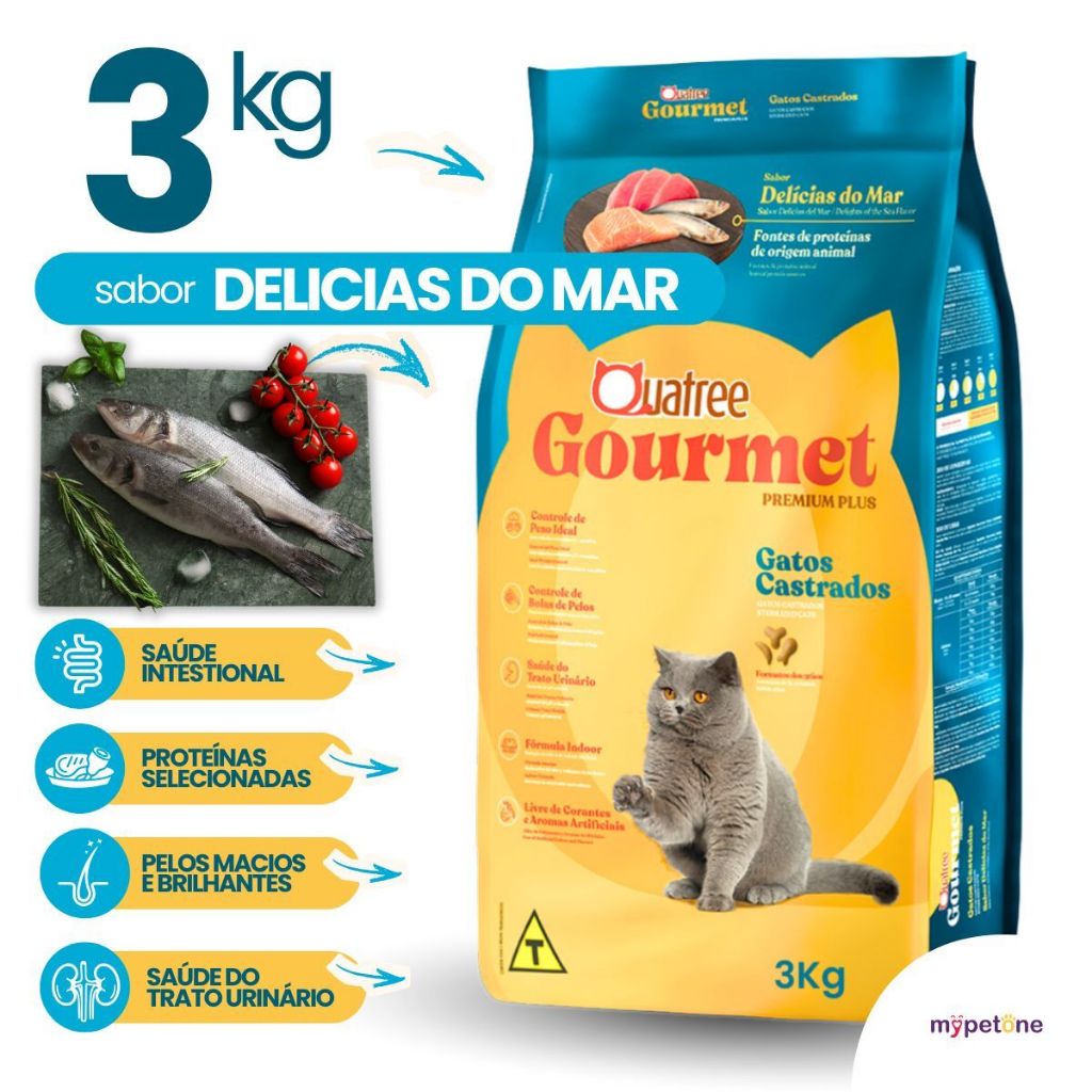Ração Quatree Gourmet Gatos Castrados Delícias do Mar - 3Kg