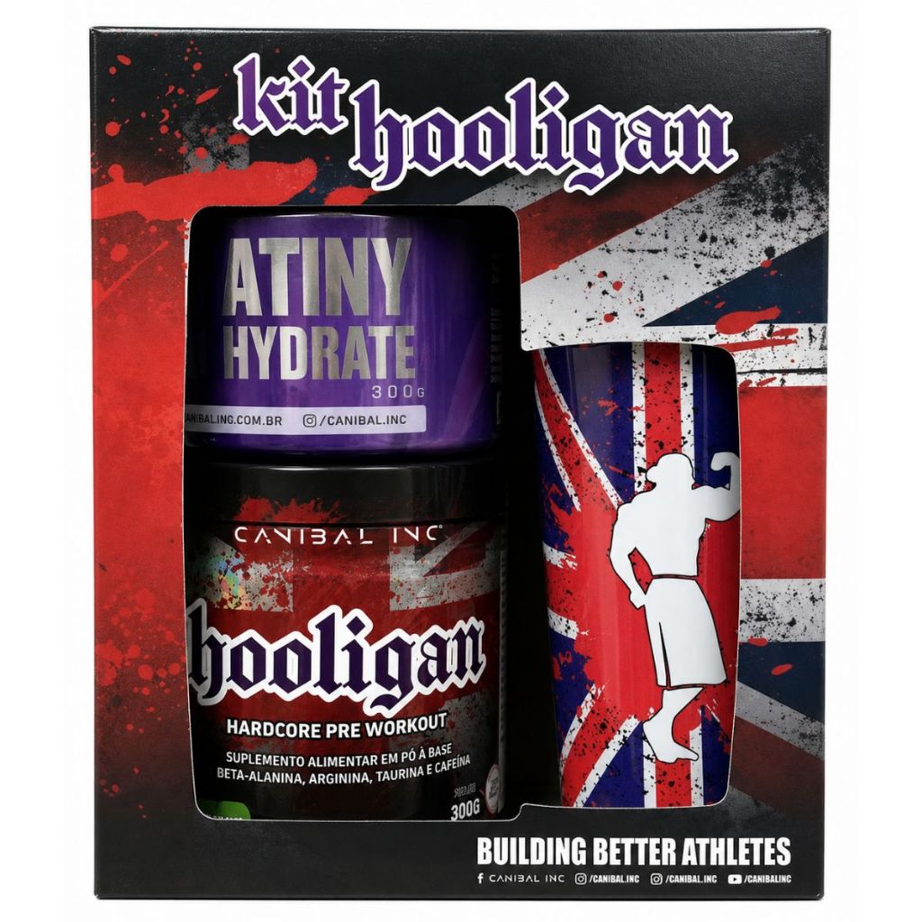 Kit Pré-Treino Hooligan Pote 301g + Creatina 300g + Coqueteleira Canibal Inc Maçã Verde