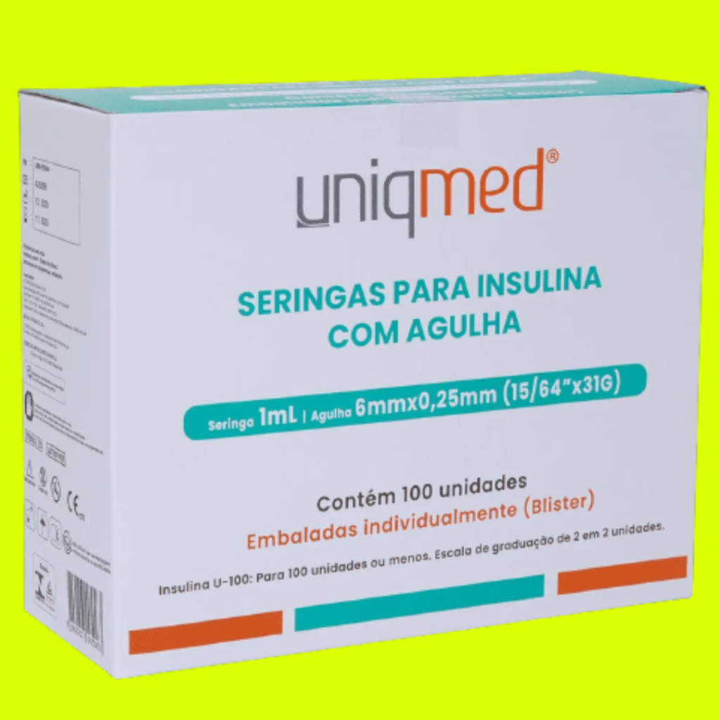 Seringa de insulina 1ml (100ui) Agulha FIXA EXTRA FINA/ CURTA 6mmx0,25mm - Botox / tirzep - Uniqmed