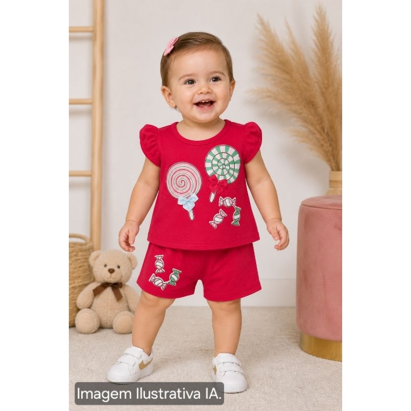 Conjunto Bebê Blusa Estampada Bordada Lacinho 3D e Short Temático Verão