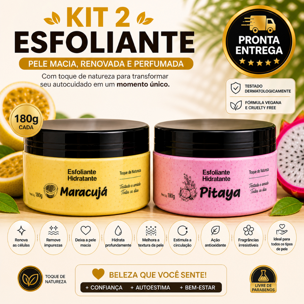 KIt 2 esfoliantes hidratantes 180 g corpo e rosto, pele renovada por mais tempo , remove inpurezas e deixa a pele maçia