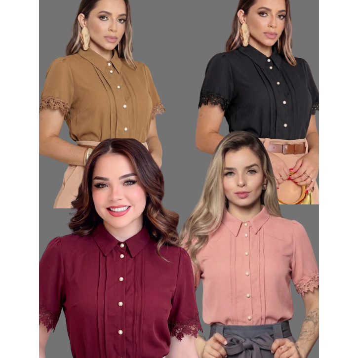 Blusa social Feminina romântica trabalho camisa manga curta com renda na manga