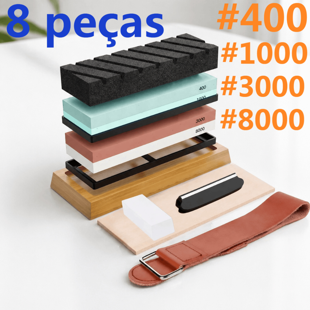 Kit 8 Peças Pedra Afiar Amolar Dupla Face 400/1000+3000/8000 Pedra De Amolar De Corindo Branco