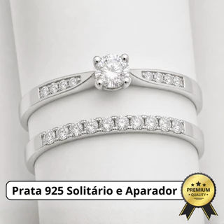 Anel Solitário + Aparador em Prata 925 Cravejado em Zircônias com Caixinha e Garantia