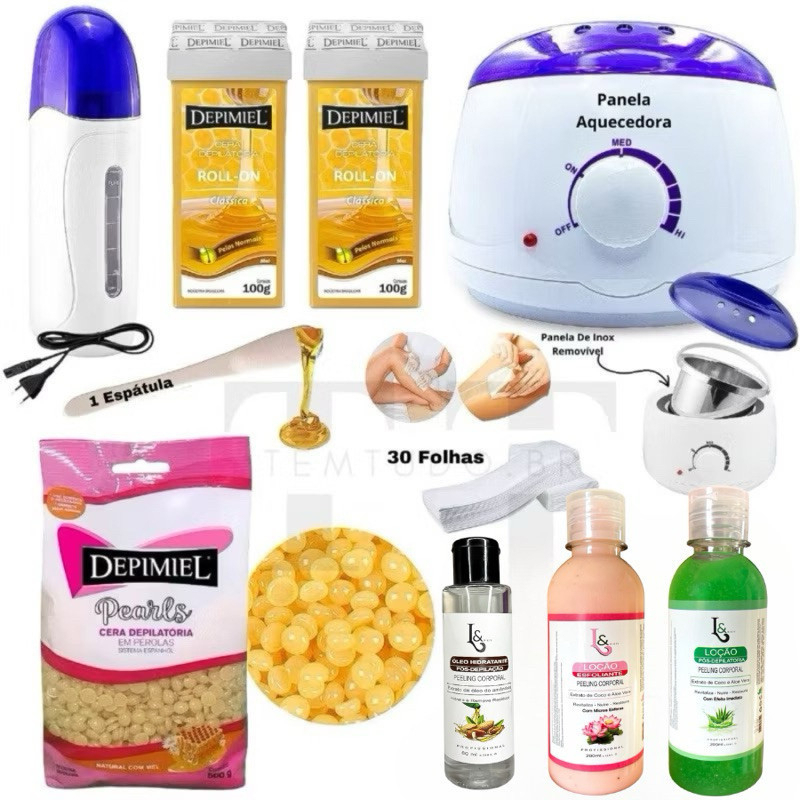 Kit Cera quente depilação Completo Panela + Aquecedor Rolon + Cera